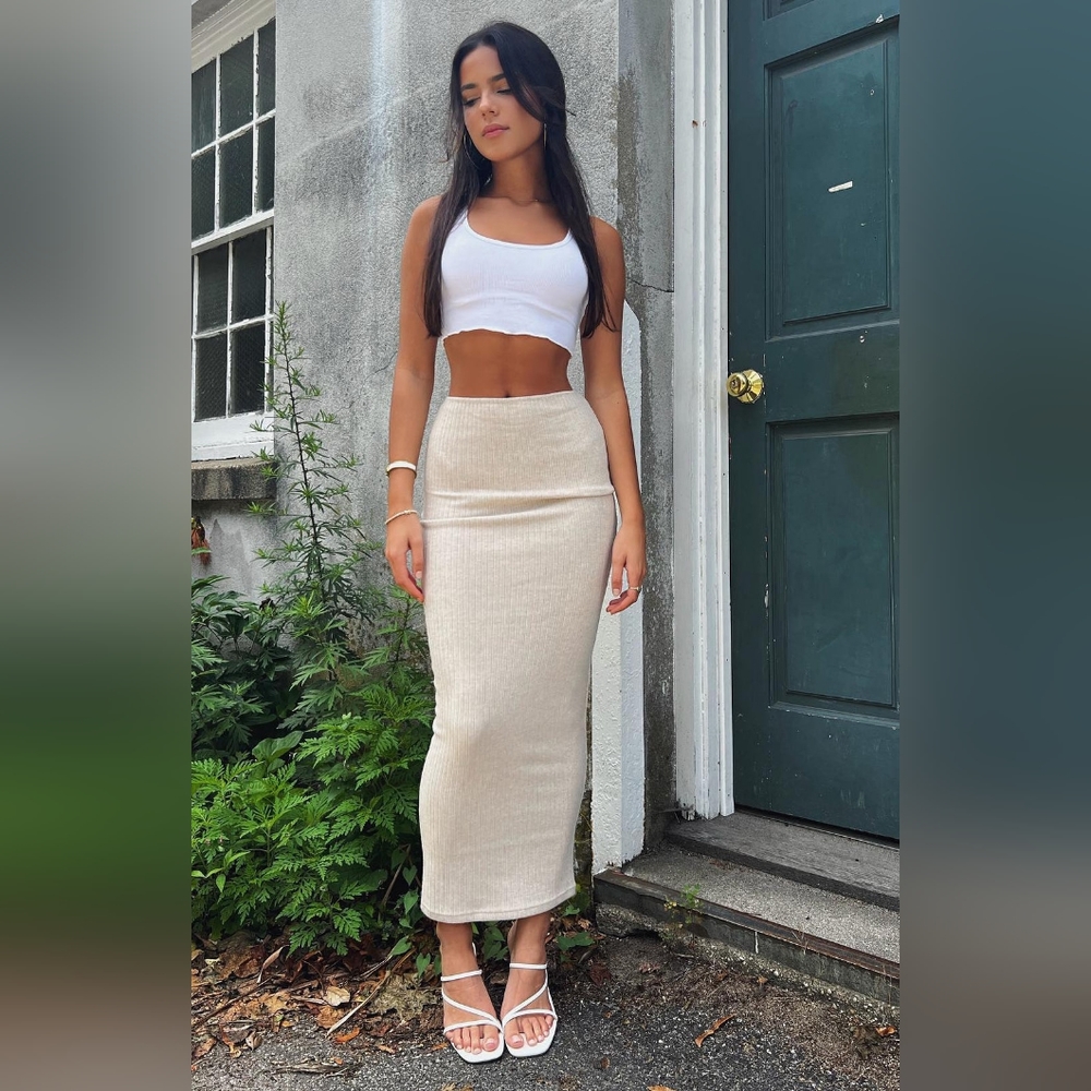 White Fox Boutique Cream Ribbed Maxi Skirt